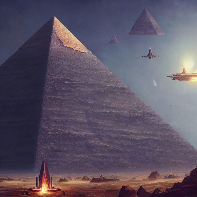 Illuminated pyramid and futuristic ships in serene sci-fi desert landscape