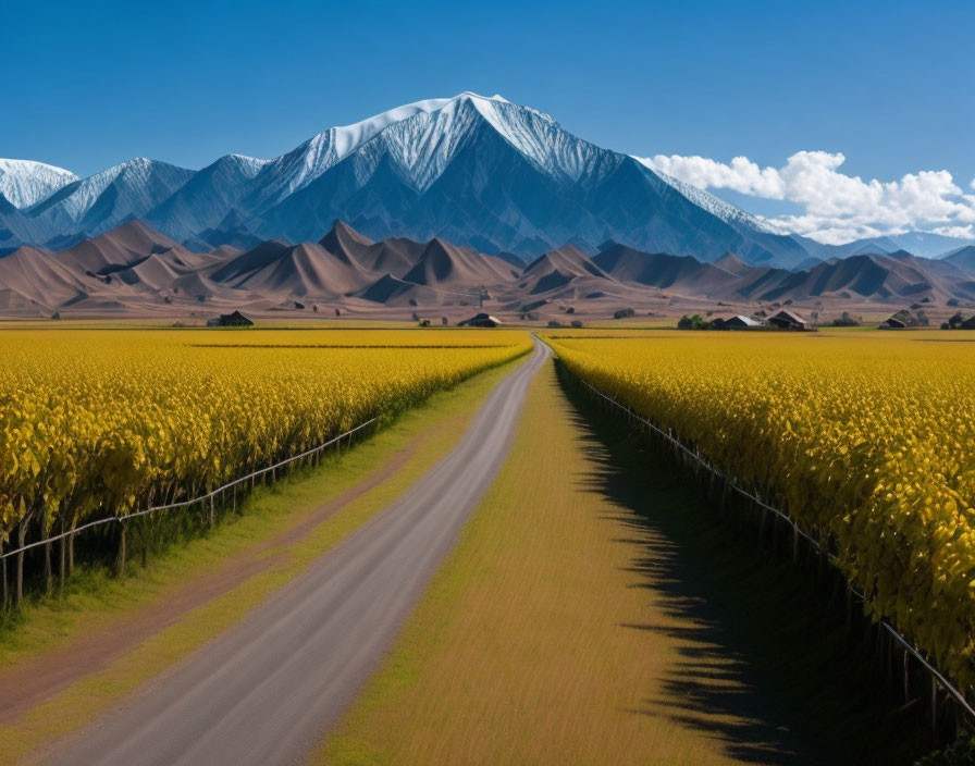 Scenic road through yellow fields with snow-capped mountains