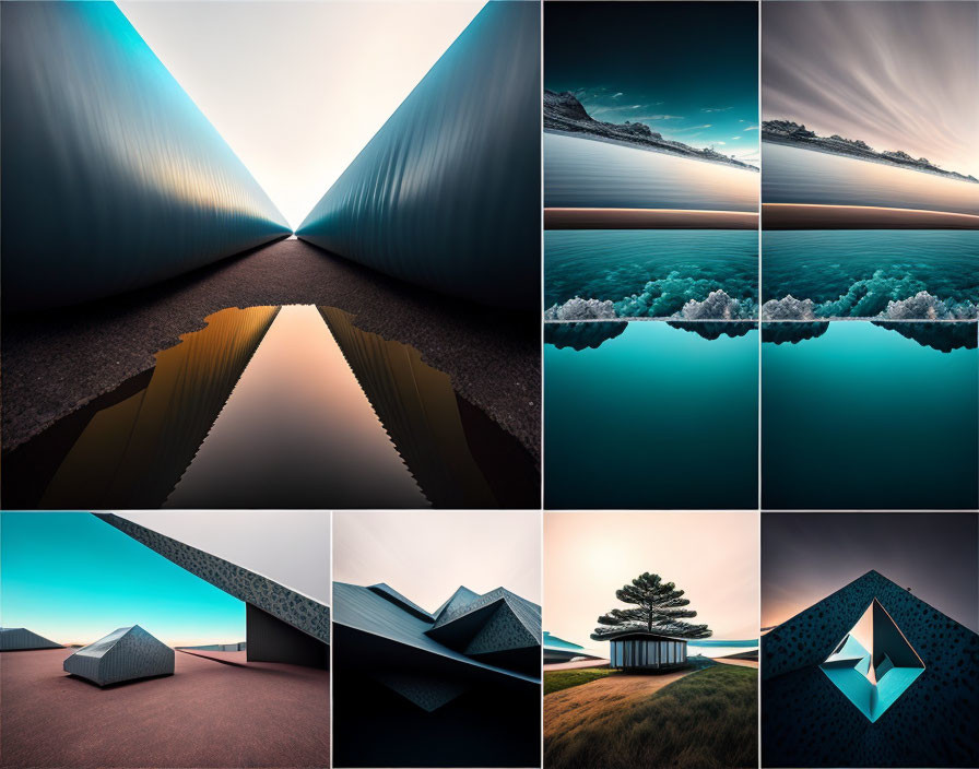 Colorful Surreal Landscape Collage with Geometric Shapes and Natural Elements