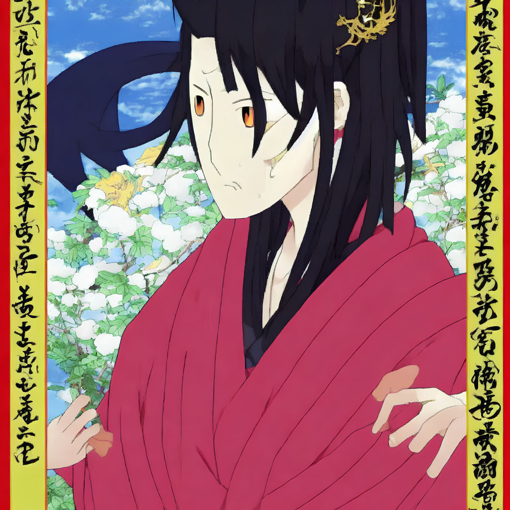 Stylized animated character with black hair and red attire, surrounded by text and floral elements