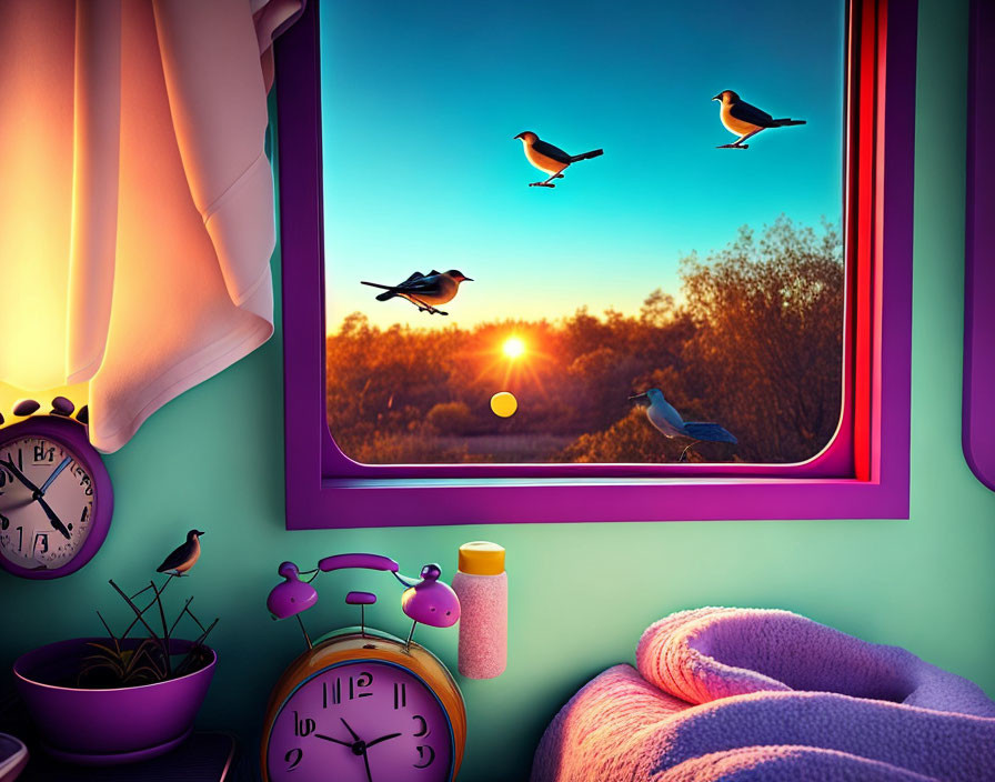 Room with sunset view, birds flying, wall clock, potted plant, alarm clock, cozy blanket