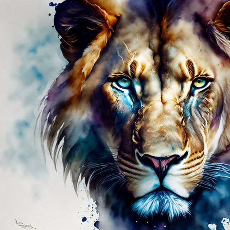 Colorful watercolor painting of lion's face with blue eyes and purple hues