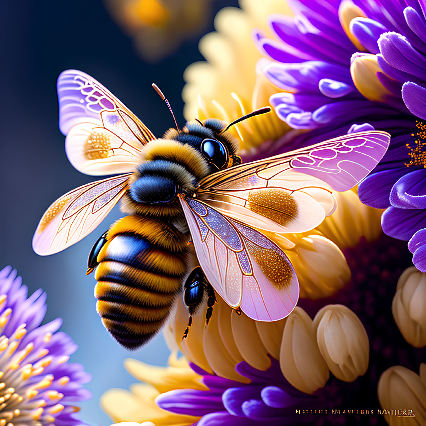 Colorful Digital Illustration: Bee on Flower with Translucent Wings