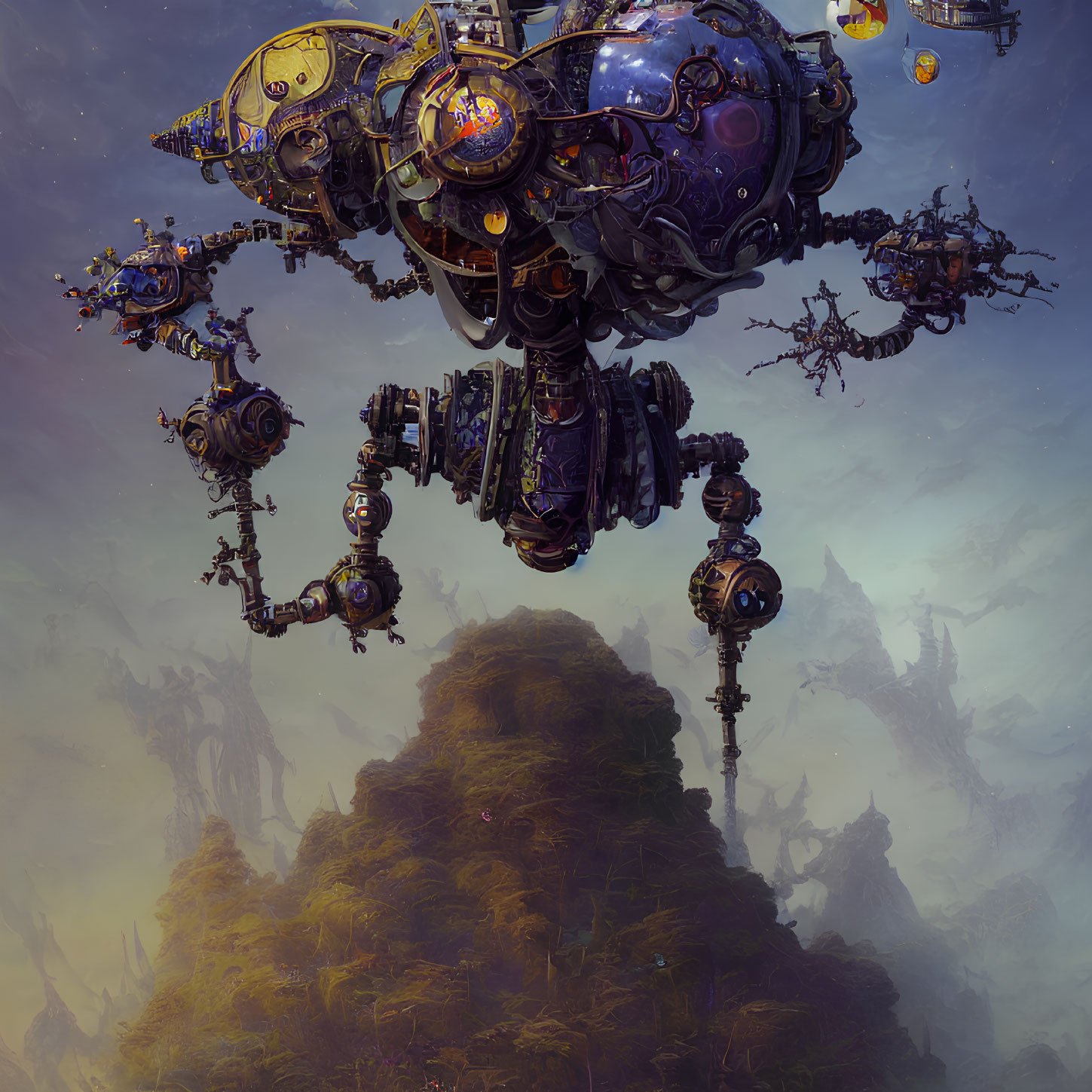 Intricate floating mechanical structure over misty mountain