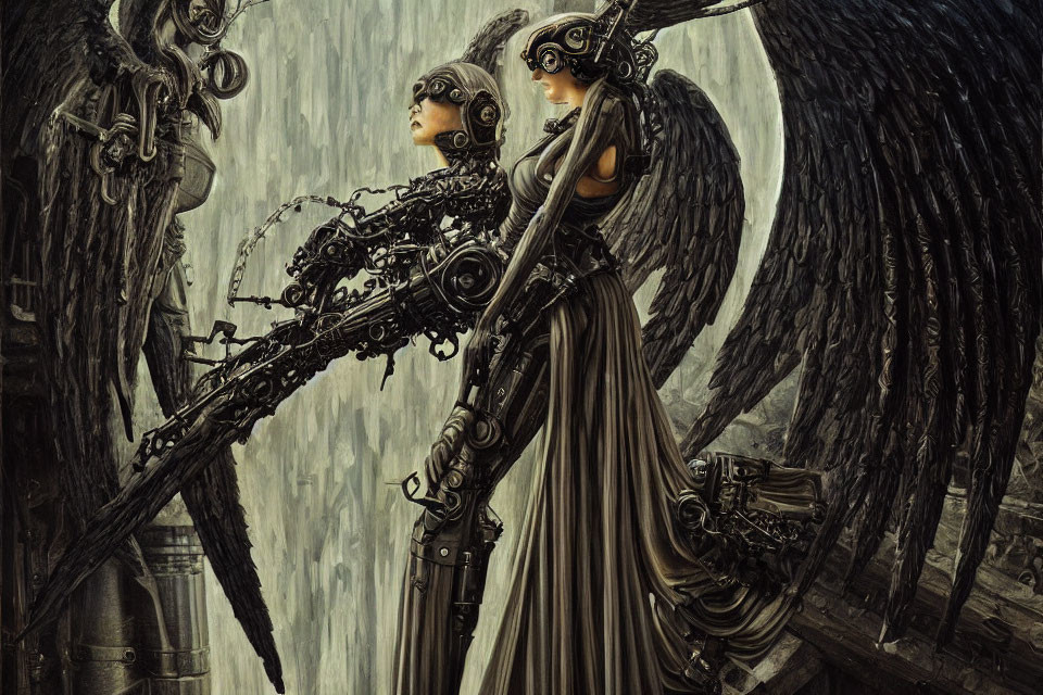 Steampunk-style angels with mechanical wings and armor in gothic setting