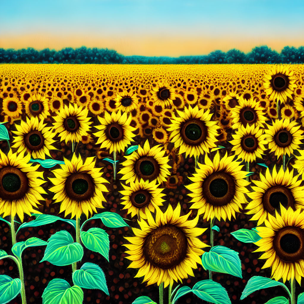 Scenic sunflower field under blue sky and golden sunset