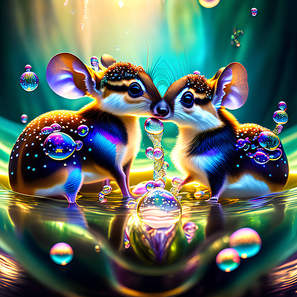 Whimsical sparkling mice with oversized ears in colorful environment