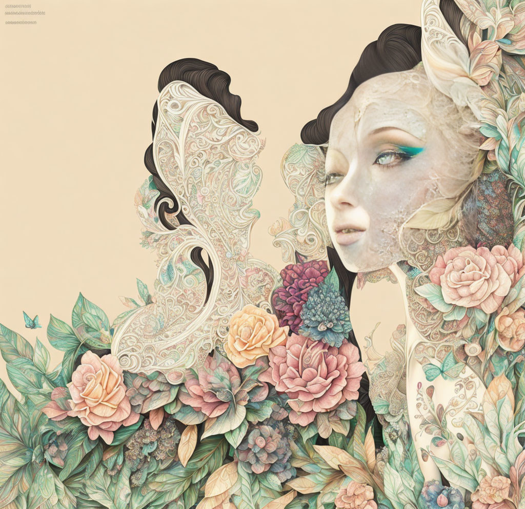 Floral-themed woman illustration with pastel colors