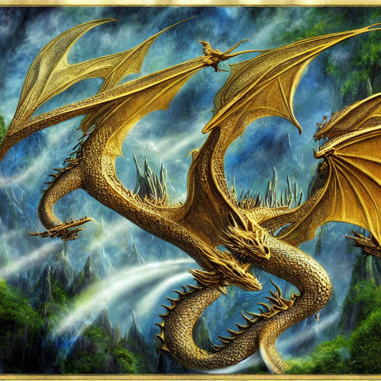 Detailed digital artwork: Majestic golden dragons flying over misty mountains