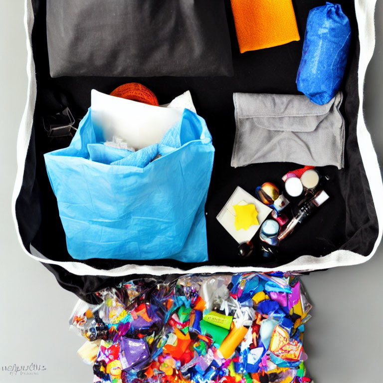 Colorful sensory bin with textures: fabrics, basketball, blue bag, toys, candies