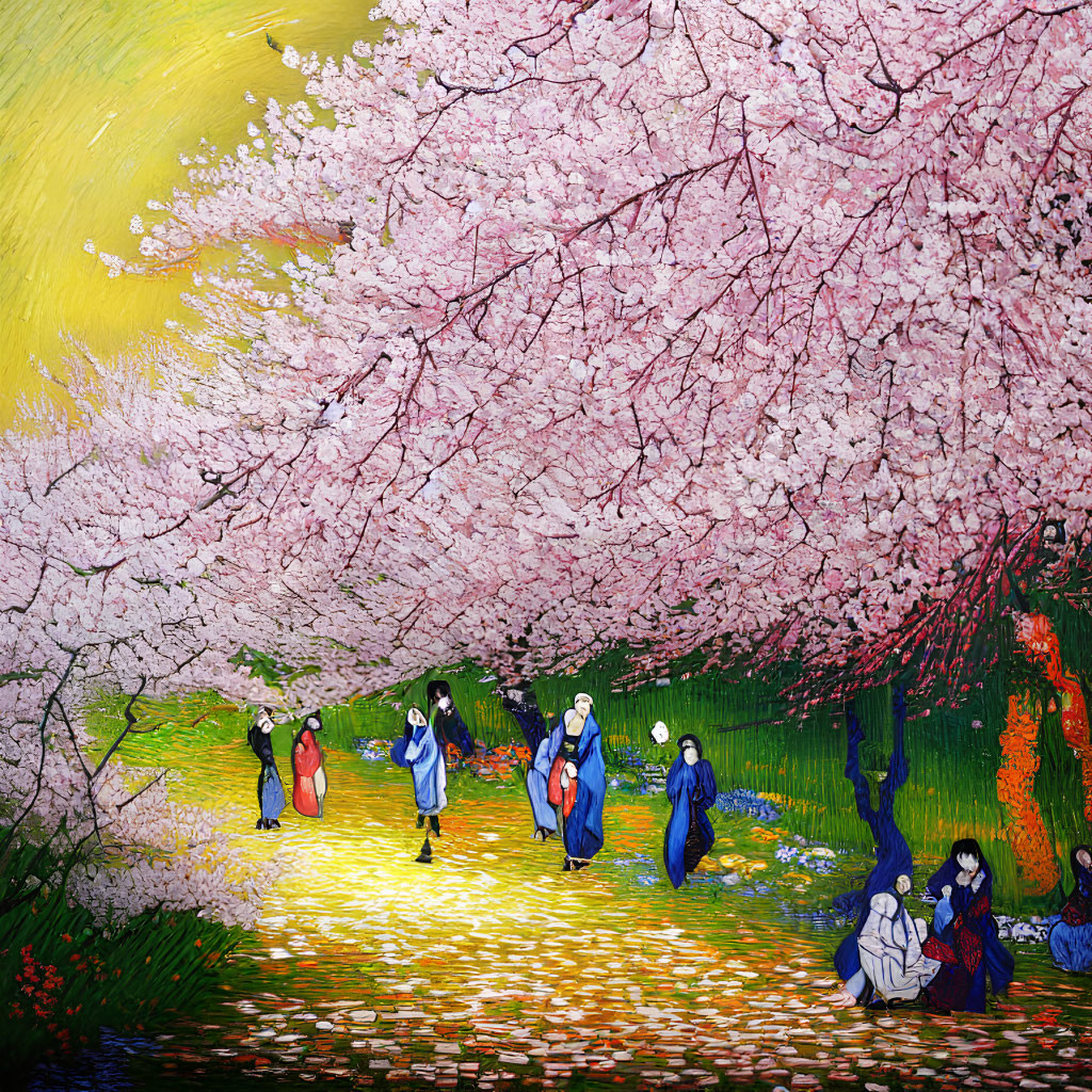 Cherry Blossoms Canopy with People Walking and Sitting