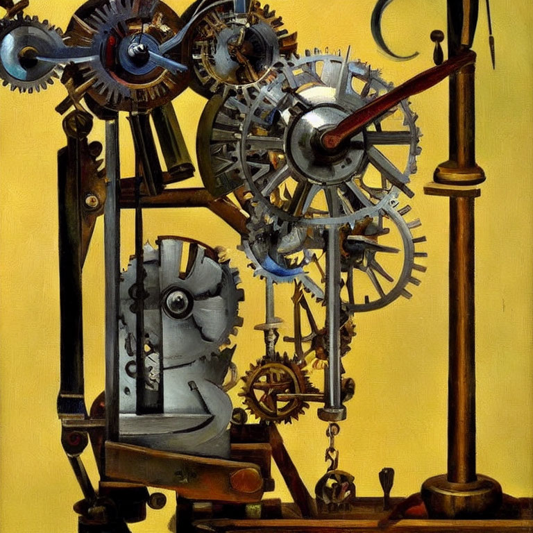 Realistic Painting of Mechanical Assembly with Gears on Yellow Background