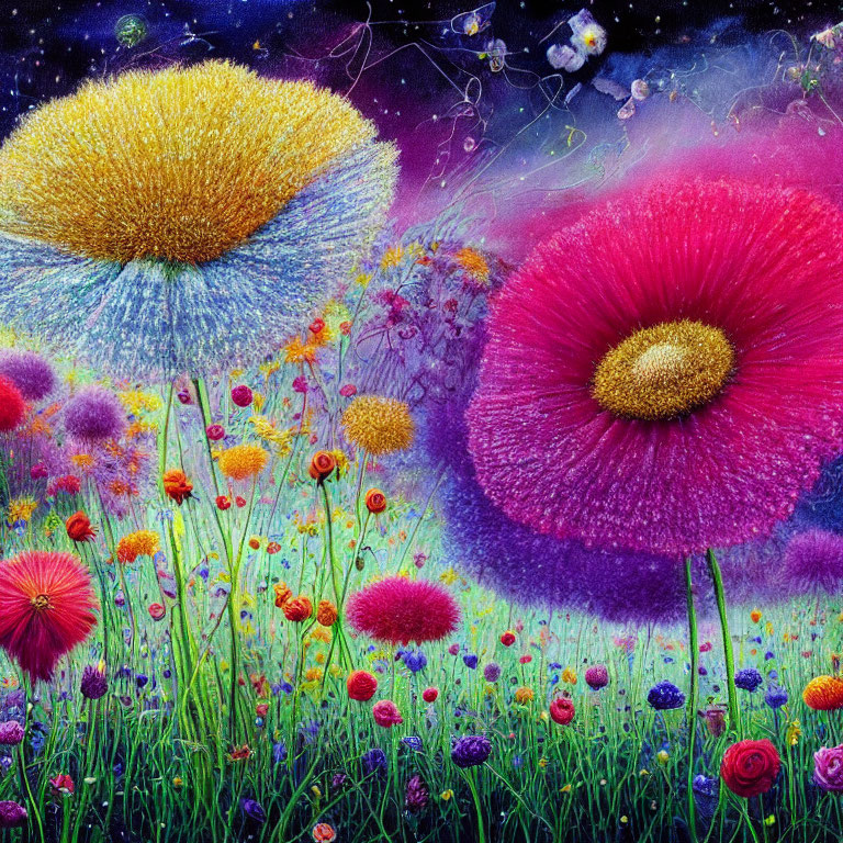 Colorful cosmic garden with oversized dandelion-like flowers on starry backdrop