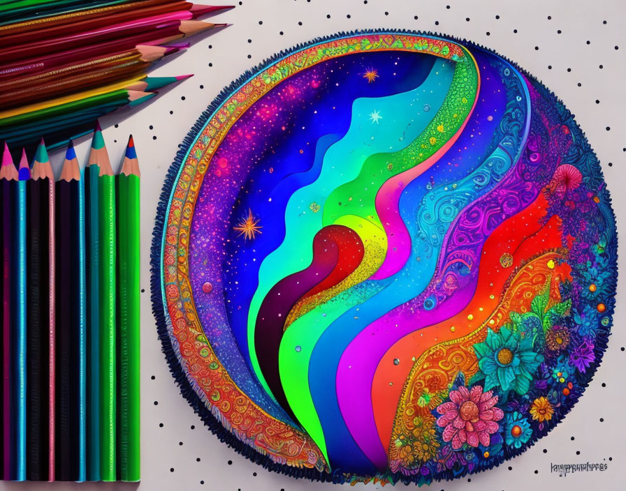 Colorful circular mandala with floral and starry patterns beside colored pencils