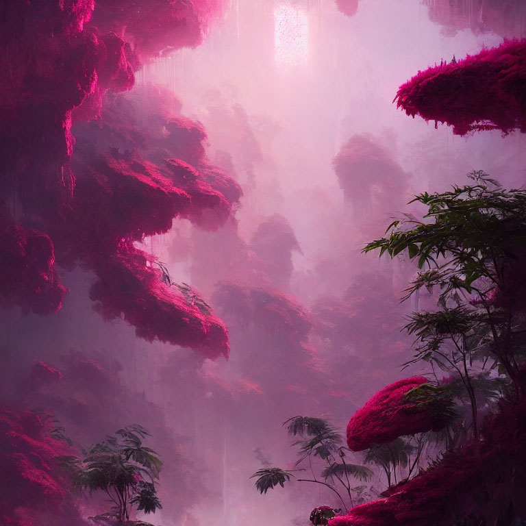 Magenta-hued misty landscape with ethereal light