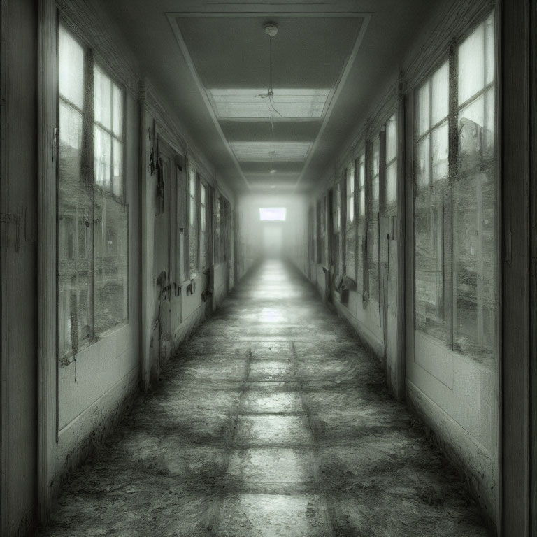 Dimly Lit Eerie Corridor with Worn-out Floors