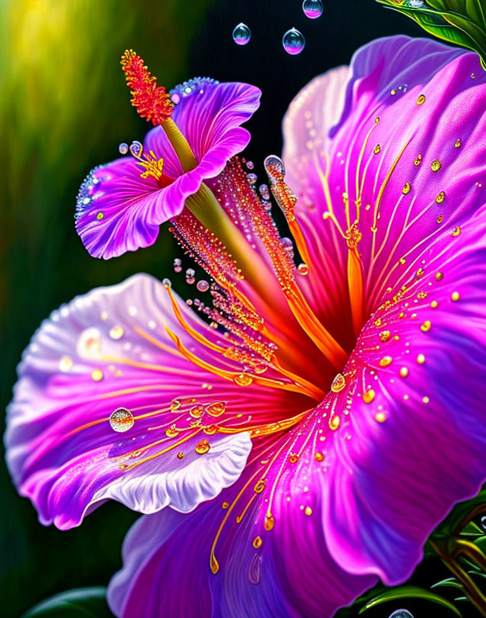 Vibrant purple flowers with dewdrops and orange center on green background