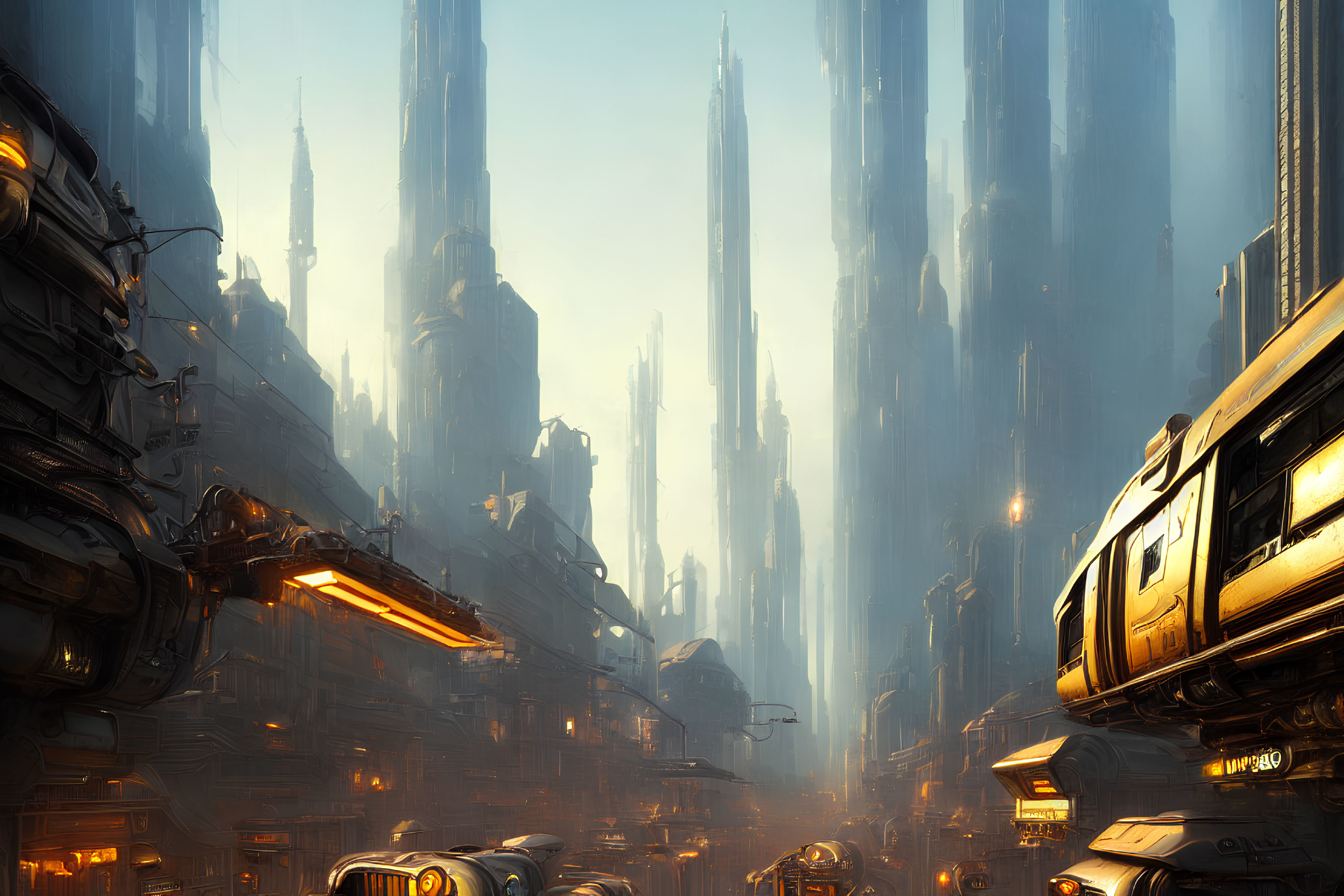 Futuristic cityscape with skyscrapers, sunlight, and flying vehicles