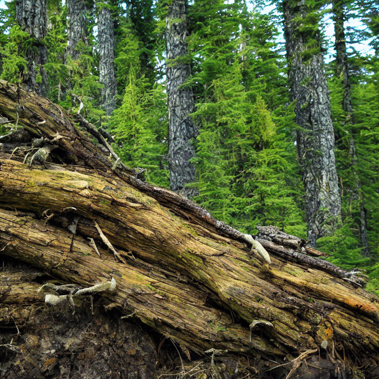 Mossy bark fallen tree in lush green forest