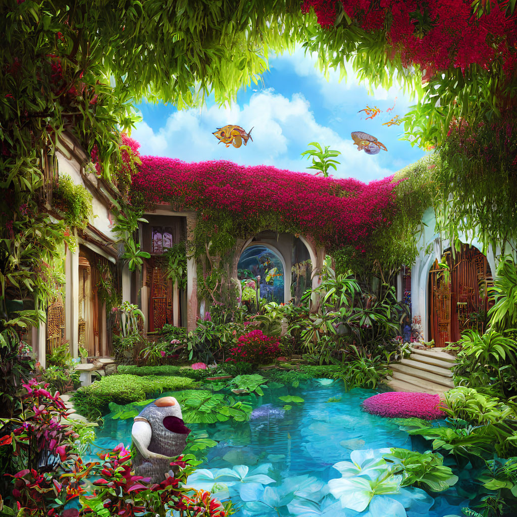 Lush Garden with Pond, Lilies, Butterflies, and Bougainvillea Archways