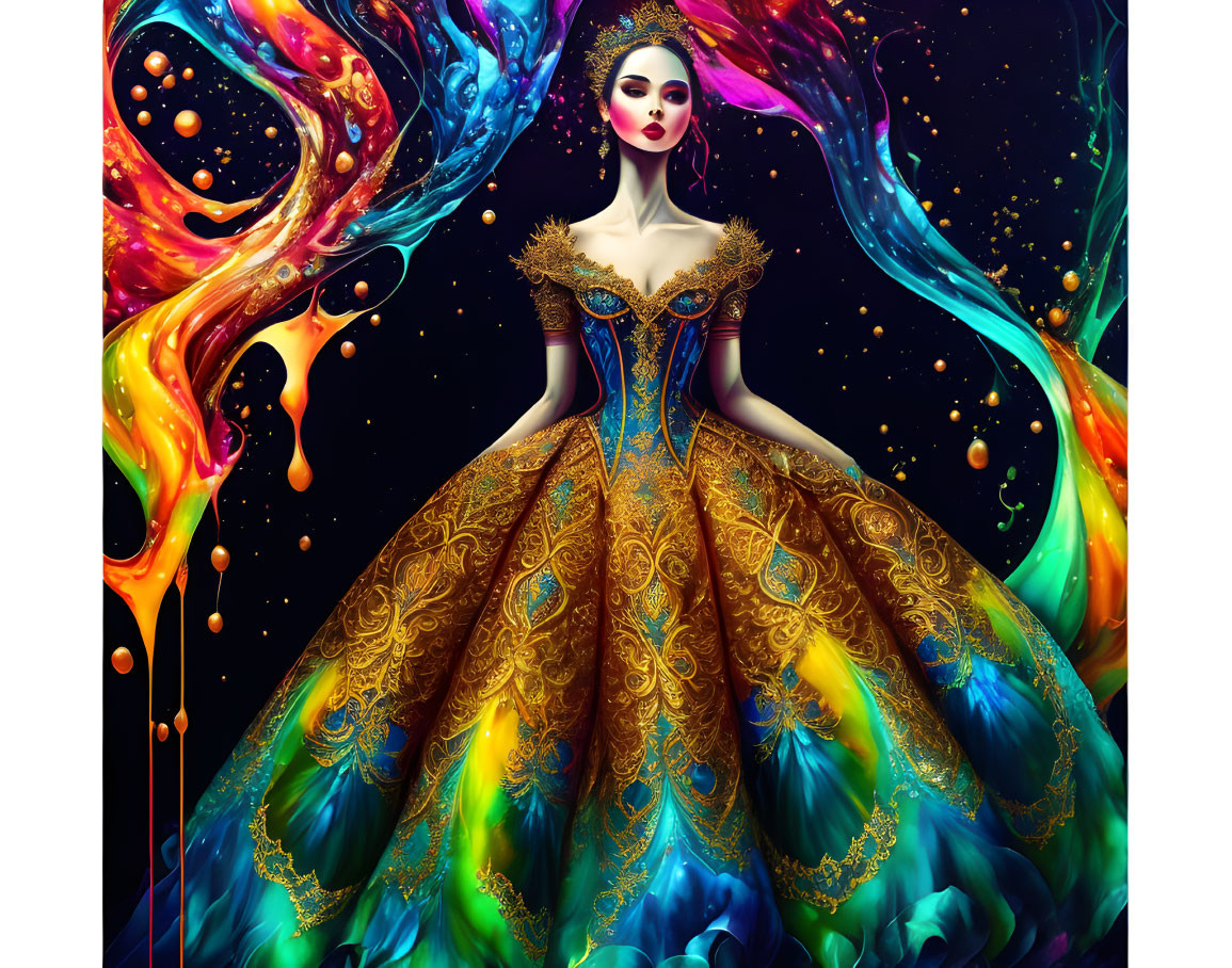 Vibrant digital artwork: Woman in regal gown with abstract elements