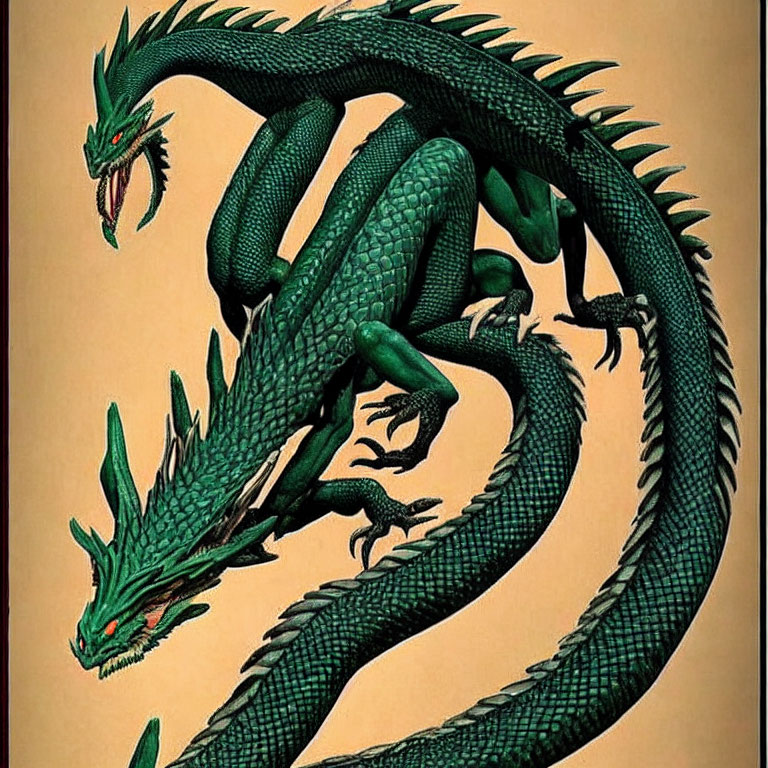 Detailed Illustration: Green Serpentine Dragon with Multiple Heads and Sharp Teeth on Tan Background