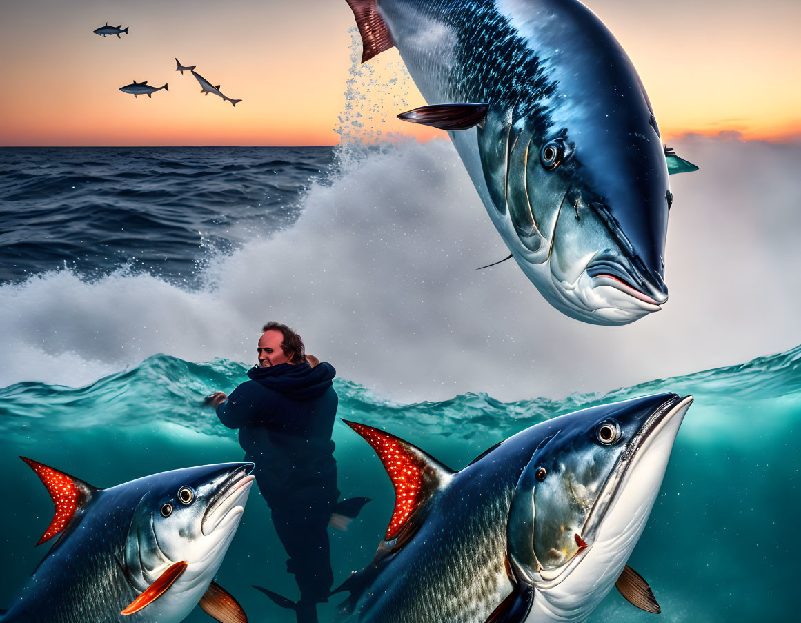 Surreal sunset scene: oversized tuna fish leap from ocean with person in blanket.