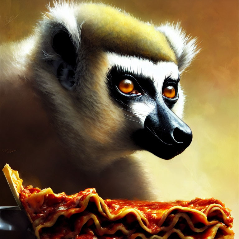 Close-up Digital Painting: Lemur with Orange Eyes and Lasagna Slice