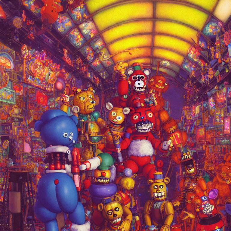 Colorful Illustration of Whimsical Robots in Arcade Setting with Santa Robot