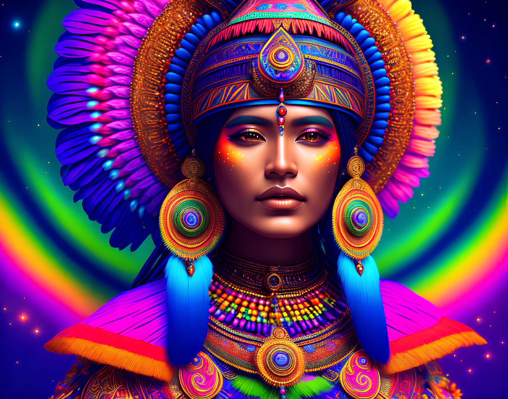 Colorful digital artwork: Woman with ornate headdress and psychedelic patterns on starry space backdrop