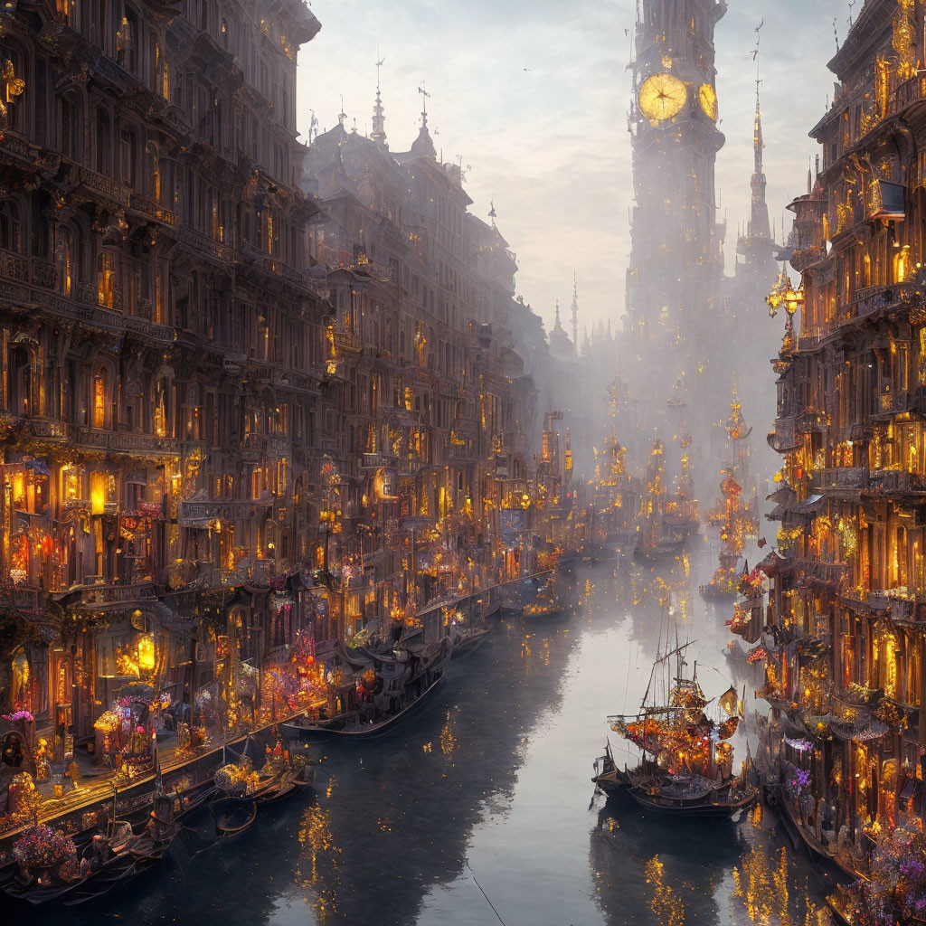 Fantasy Canal City at Dusk with Illuminated Buildings