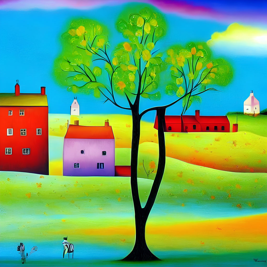 Colorful Landscape Painting with Houses, Tree, and Animals on Hills