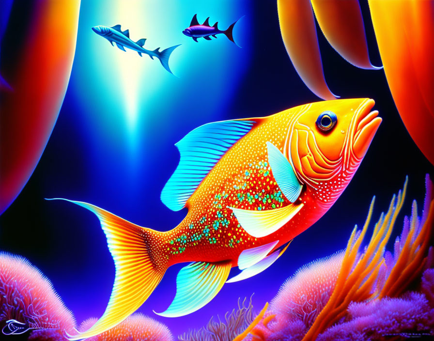 Colorful Tropical Fish Illustration with Ocean Background & Coral Reef