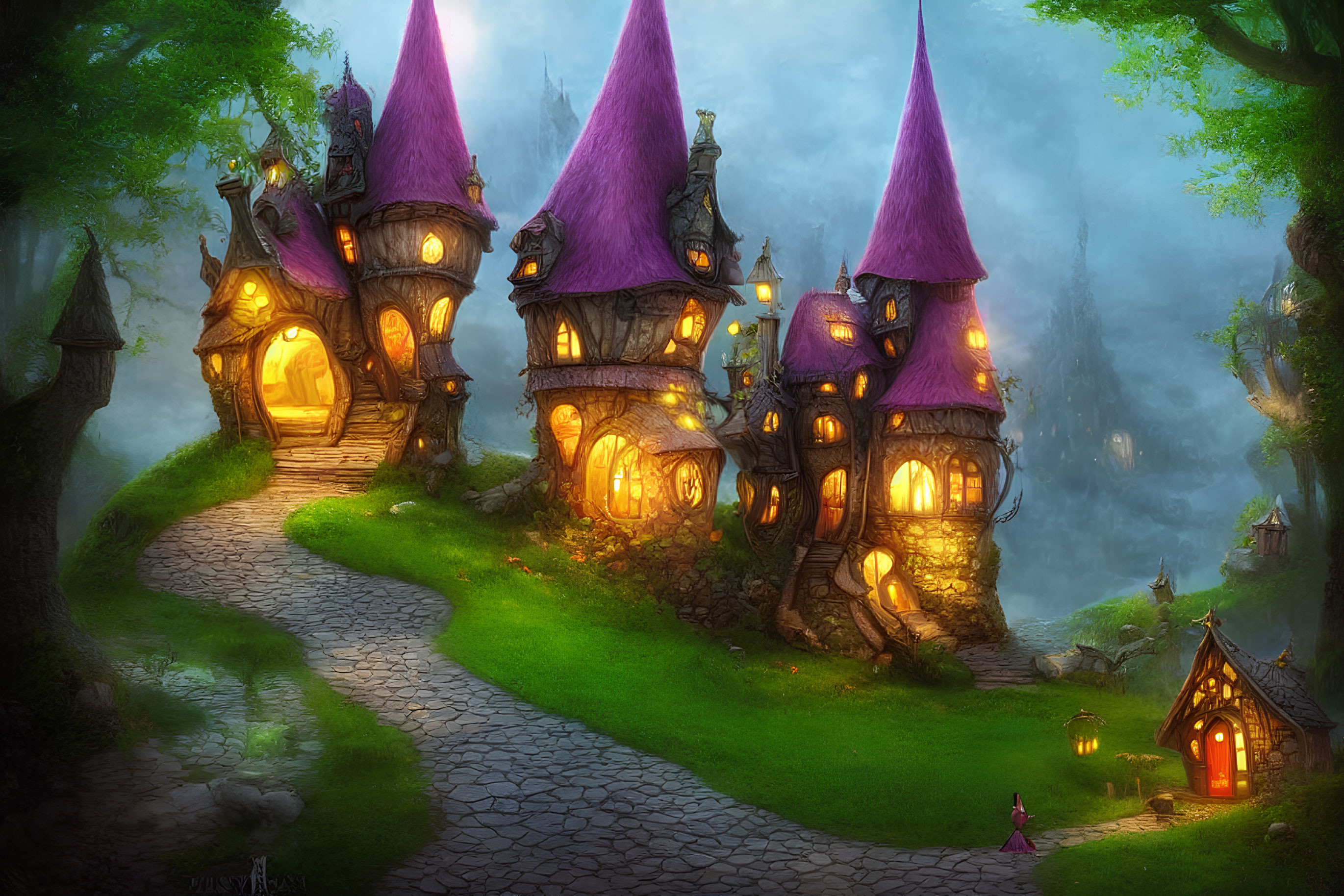 Whimsical glowing houses in mystical forest at twilight