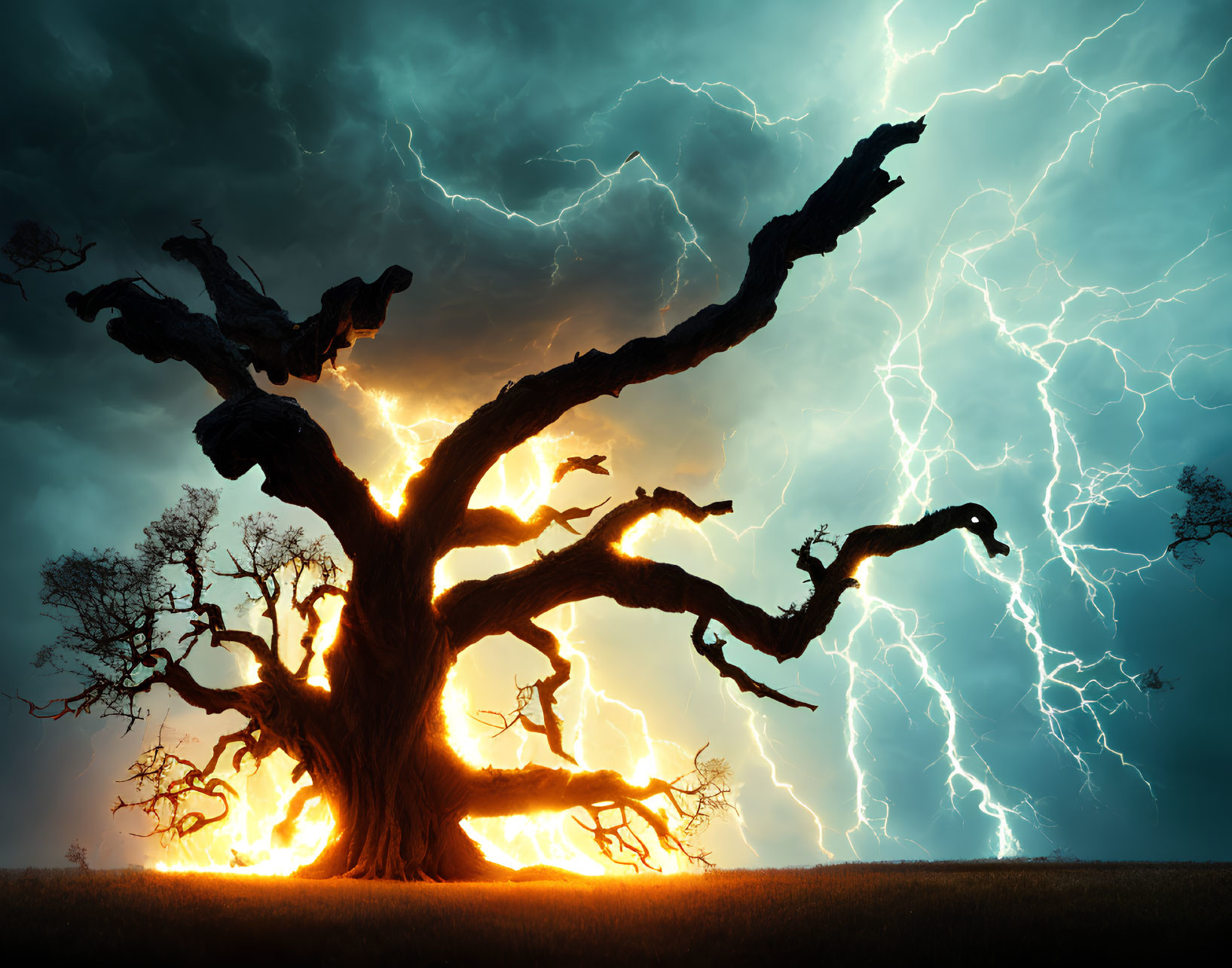 Ancient tree with sprawling branches in dramatic stormy sky