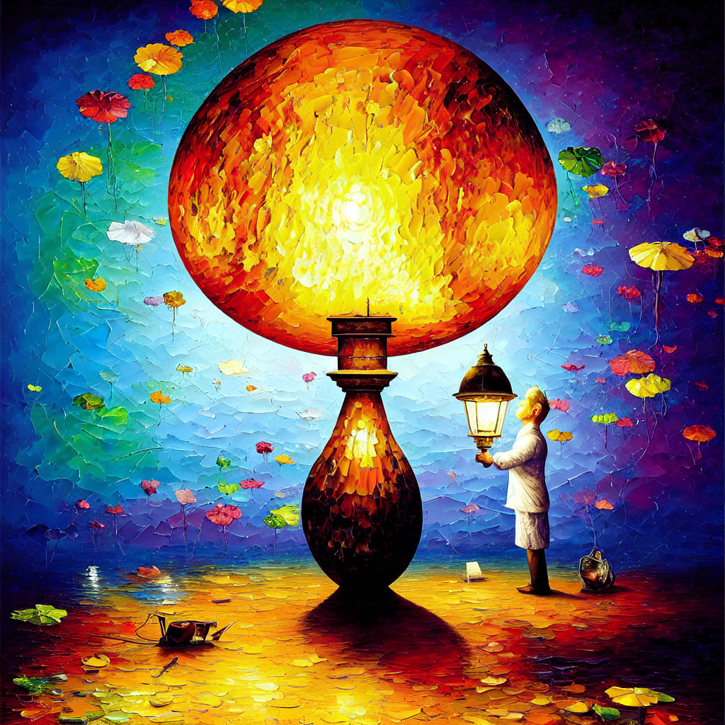 Vibrant painting of person with glowing orb and lantern among floating flowers