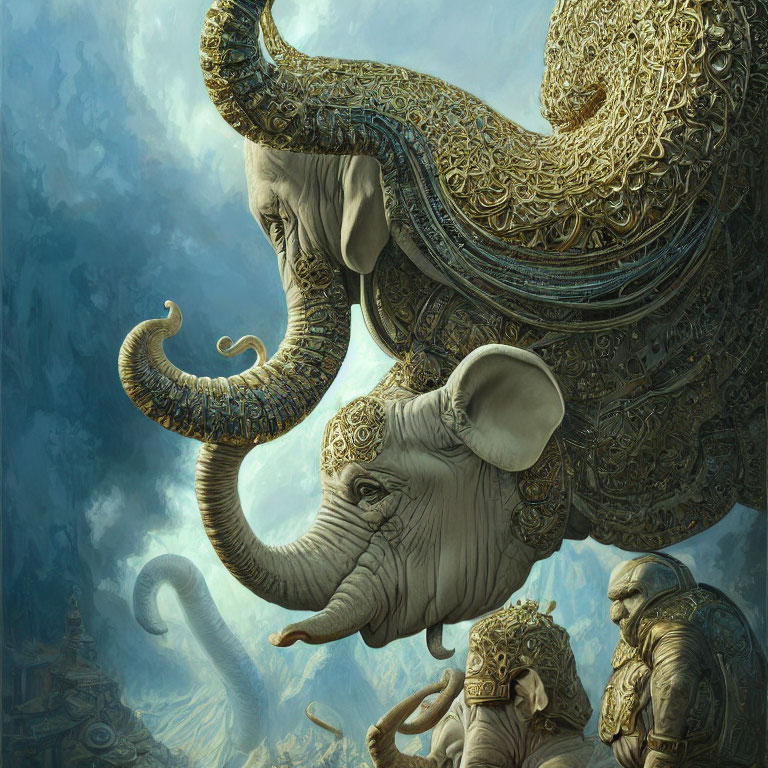 Ornate, Towering Elephants with Intricate Carvings in Mystical Landscape