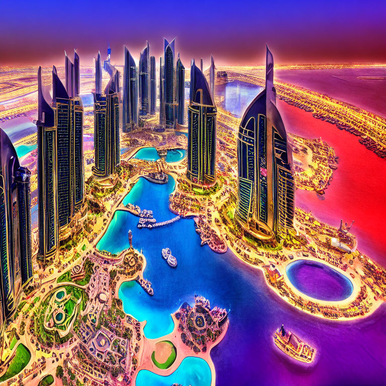 Futuristic cityscape with sleek skyscrapers by the coast in vibrant colors