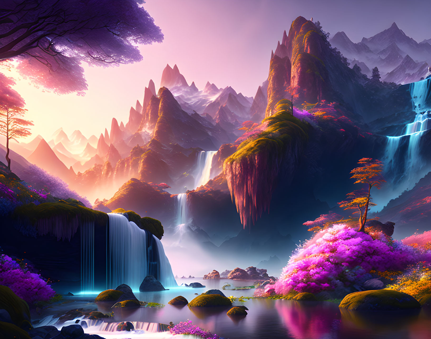 Majestic fantasy landscape with waterfalls, purple flora, mountains, and serene lake at dusk