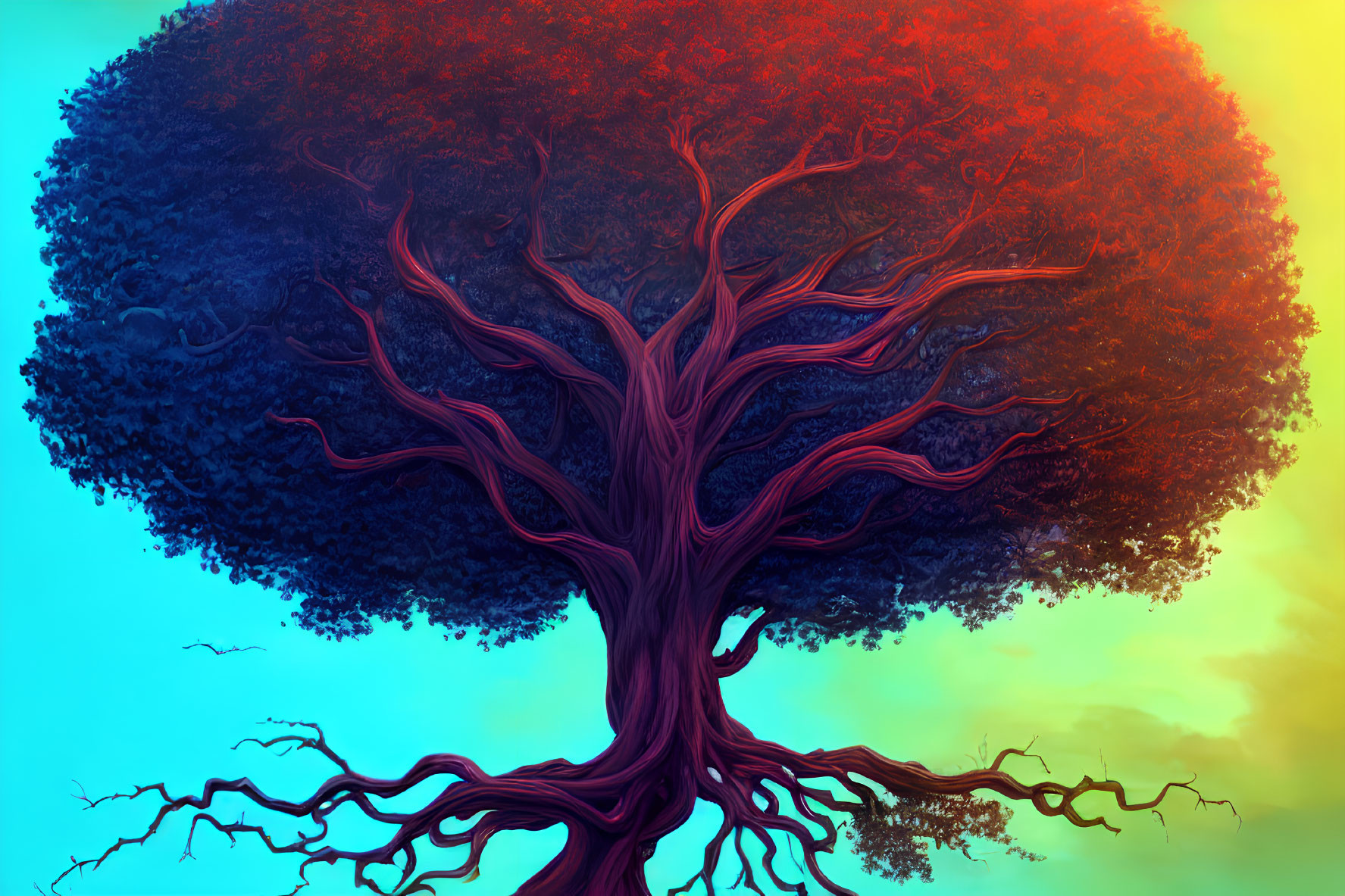 Colorful Tree Illustration with Thick Trunk and Gradient Canopy