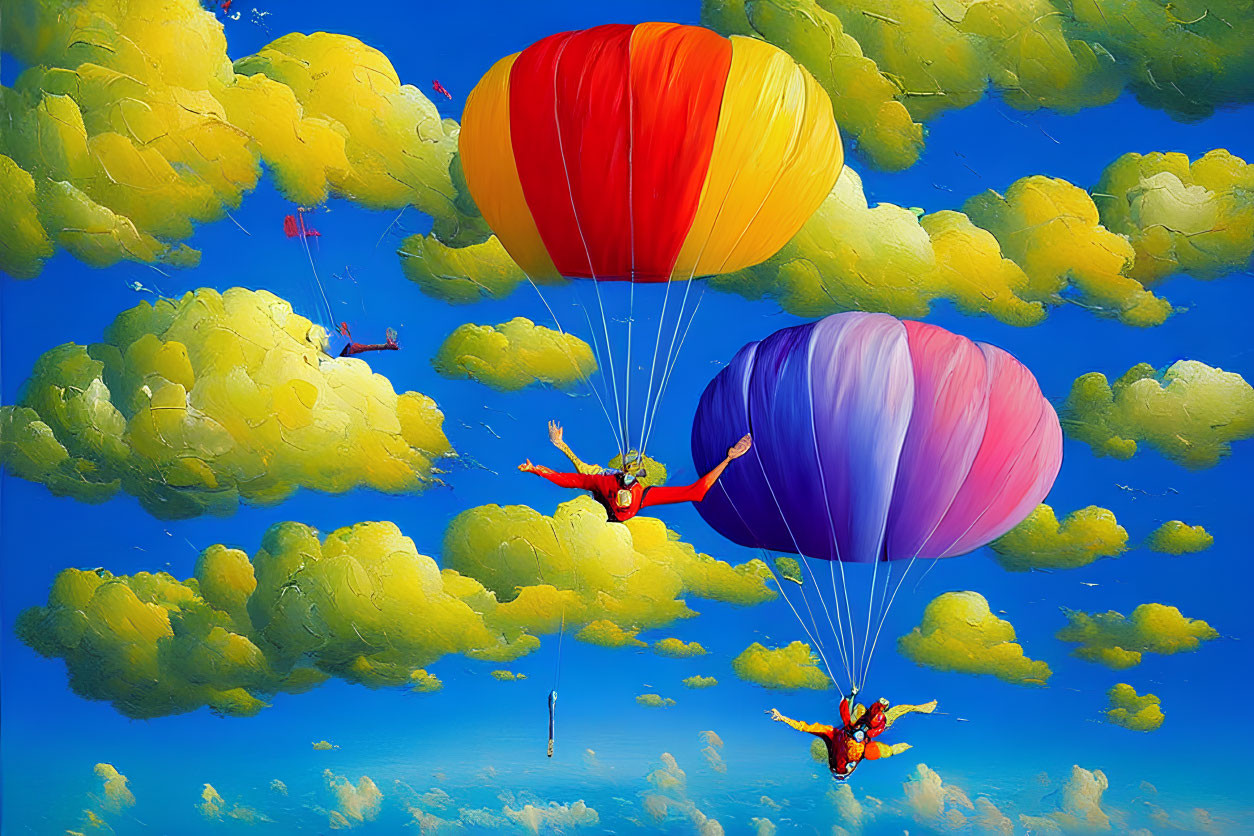 Colorful Parachute Skydivers Descend in Blue Sky