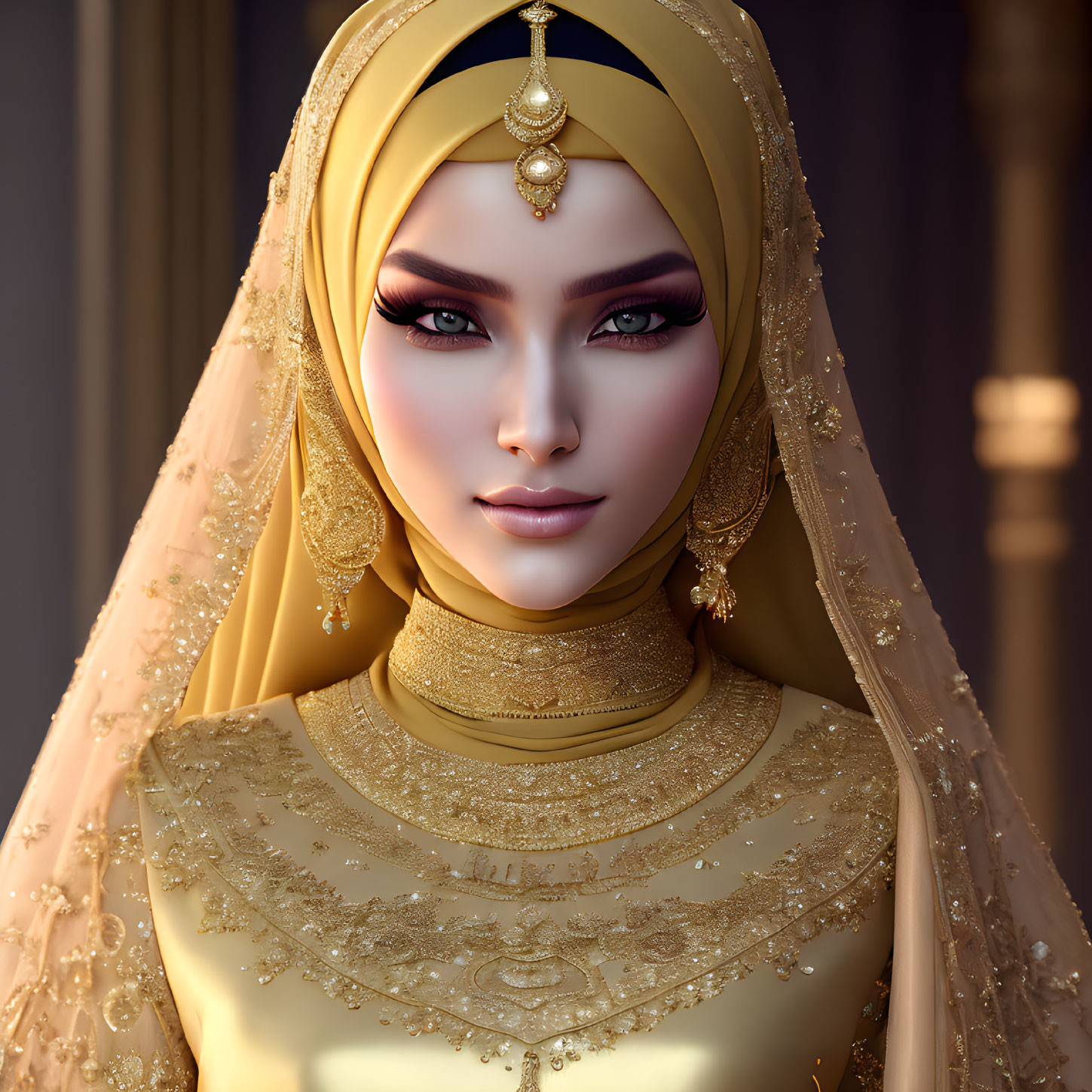 Detailed digital artwork of woman in ornate golden hijab and robe