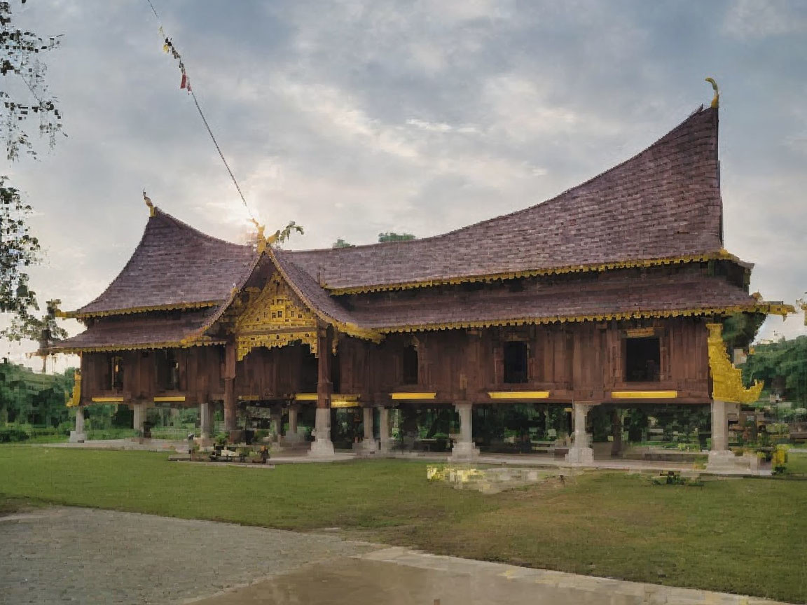 Traditional Wooden Building in Tranquil Green Landscape with Sloping Roof