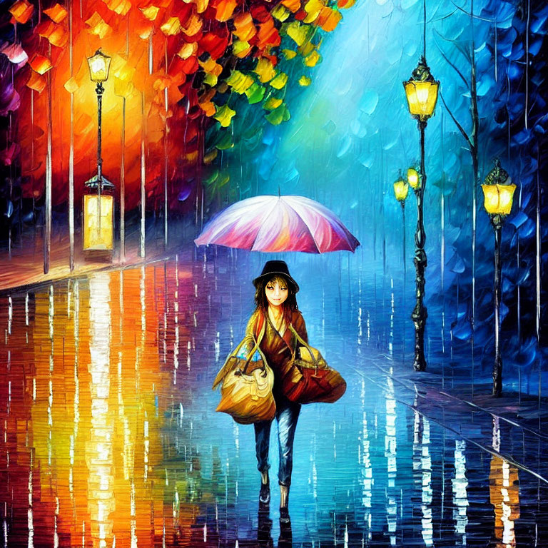 Colorful painting of woman with umbrella on wet street with lanterns