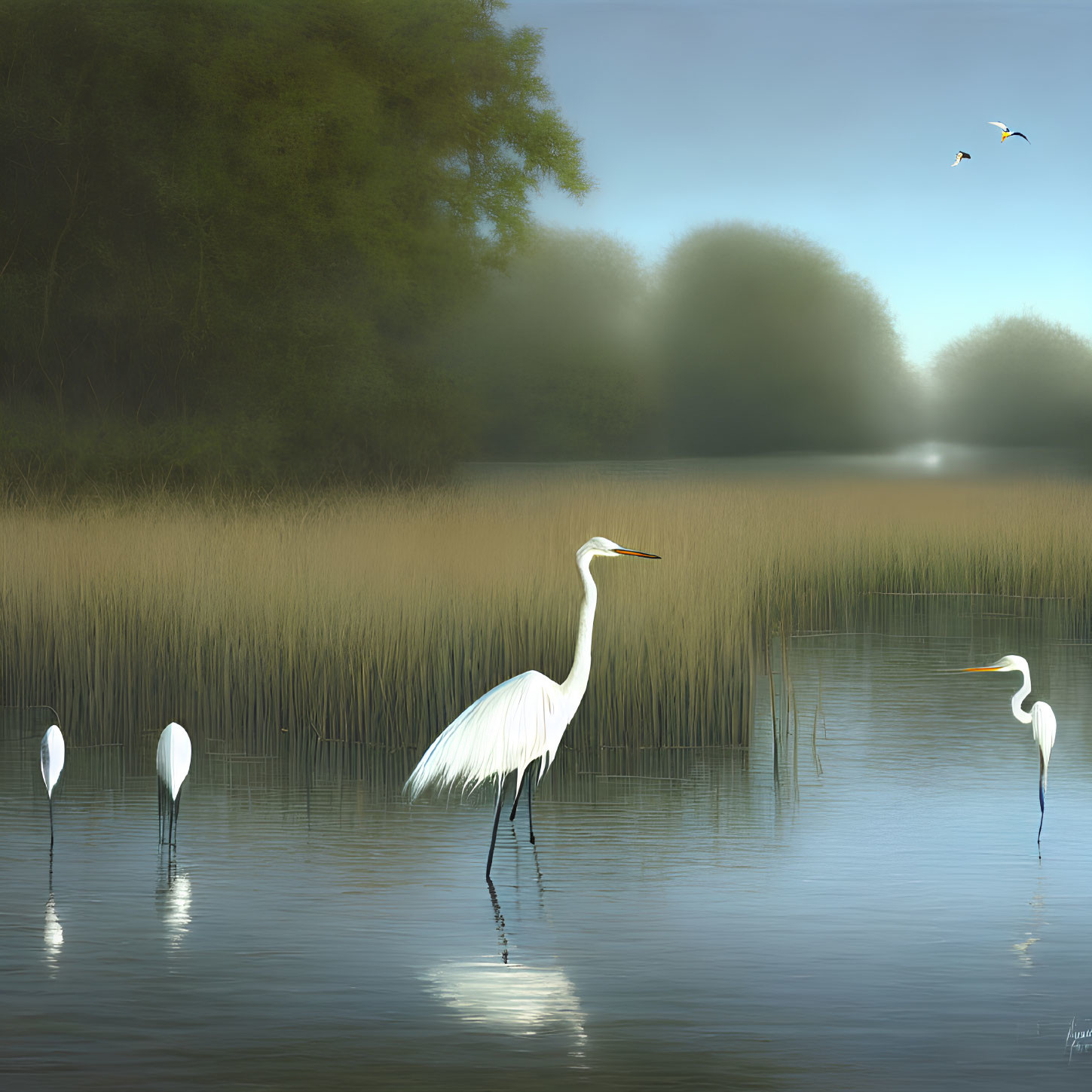 Tranquil egrets in water with misty backdrop