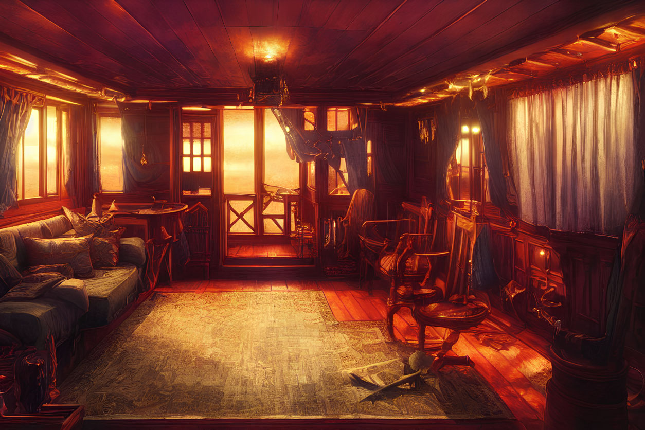 Cozy ship's cabin with wooden walls, plush seating, nautical decor, and sunlight.