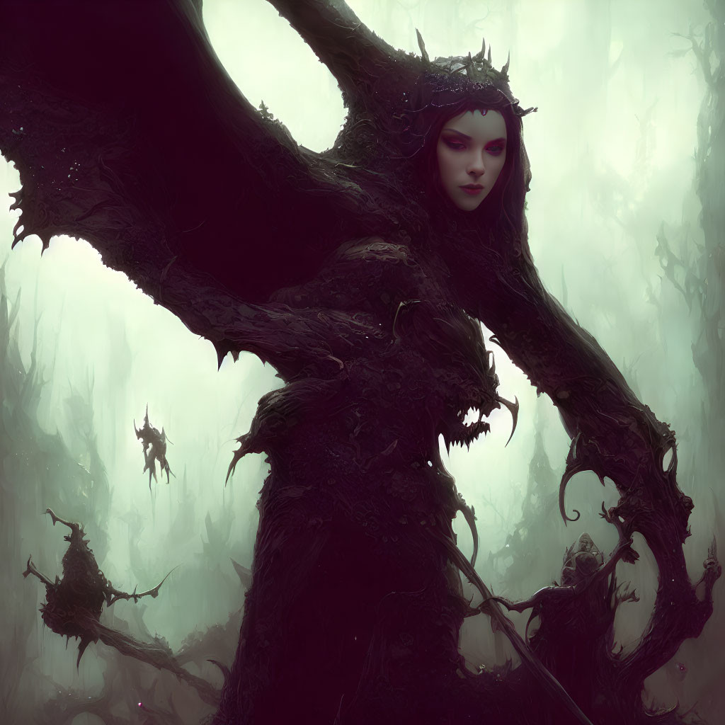 Ethereal forest scene with female figure and twisted tree entity