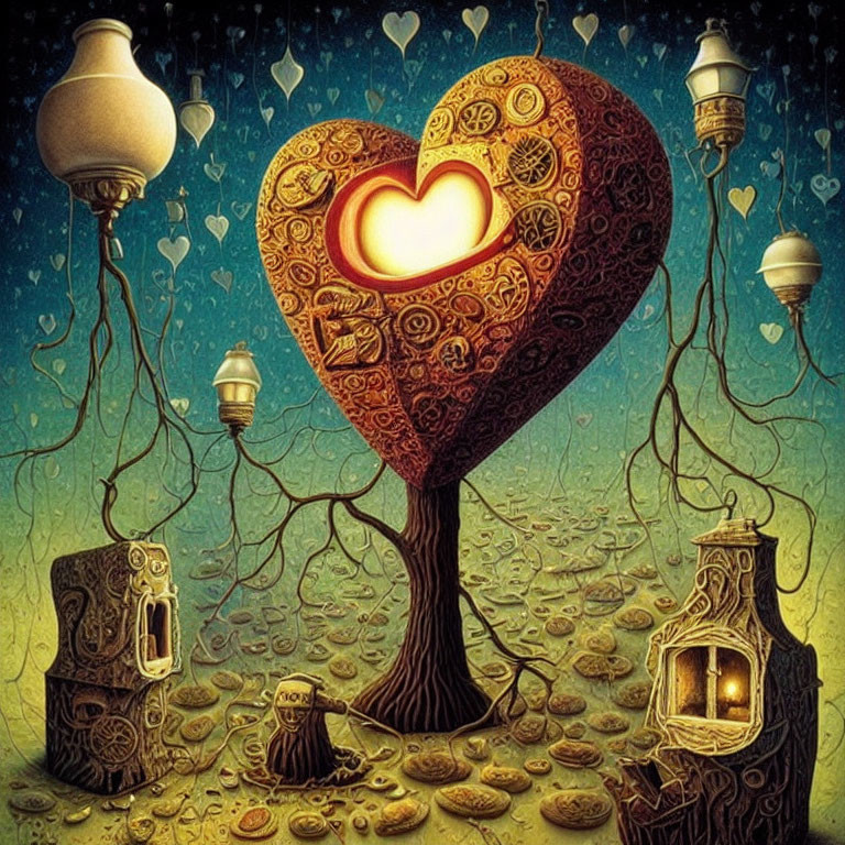 Illustration of heart-shaped tree with lanterns, intricate roots, and glowing heart on starry night