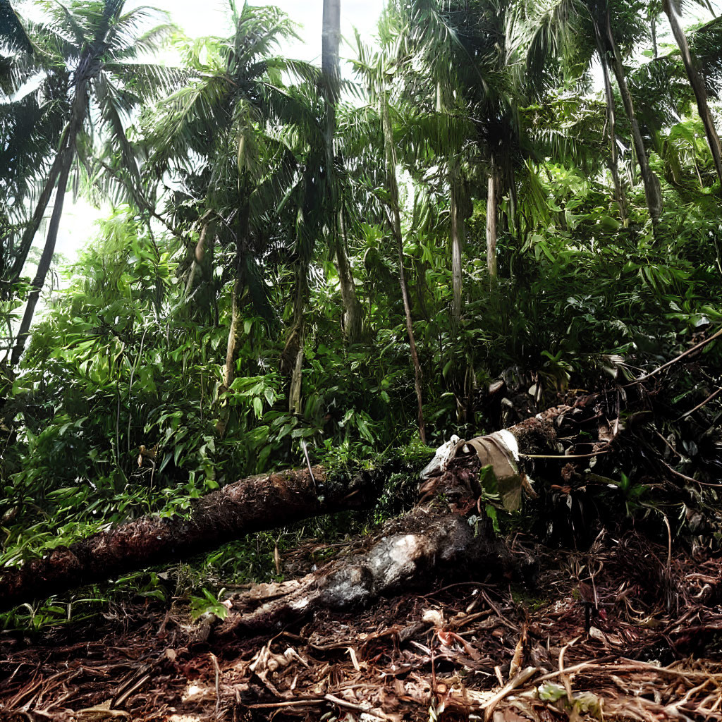 Lush Tropical Forest Scene with Fallen Tree Trunk