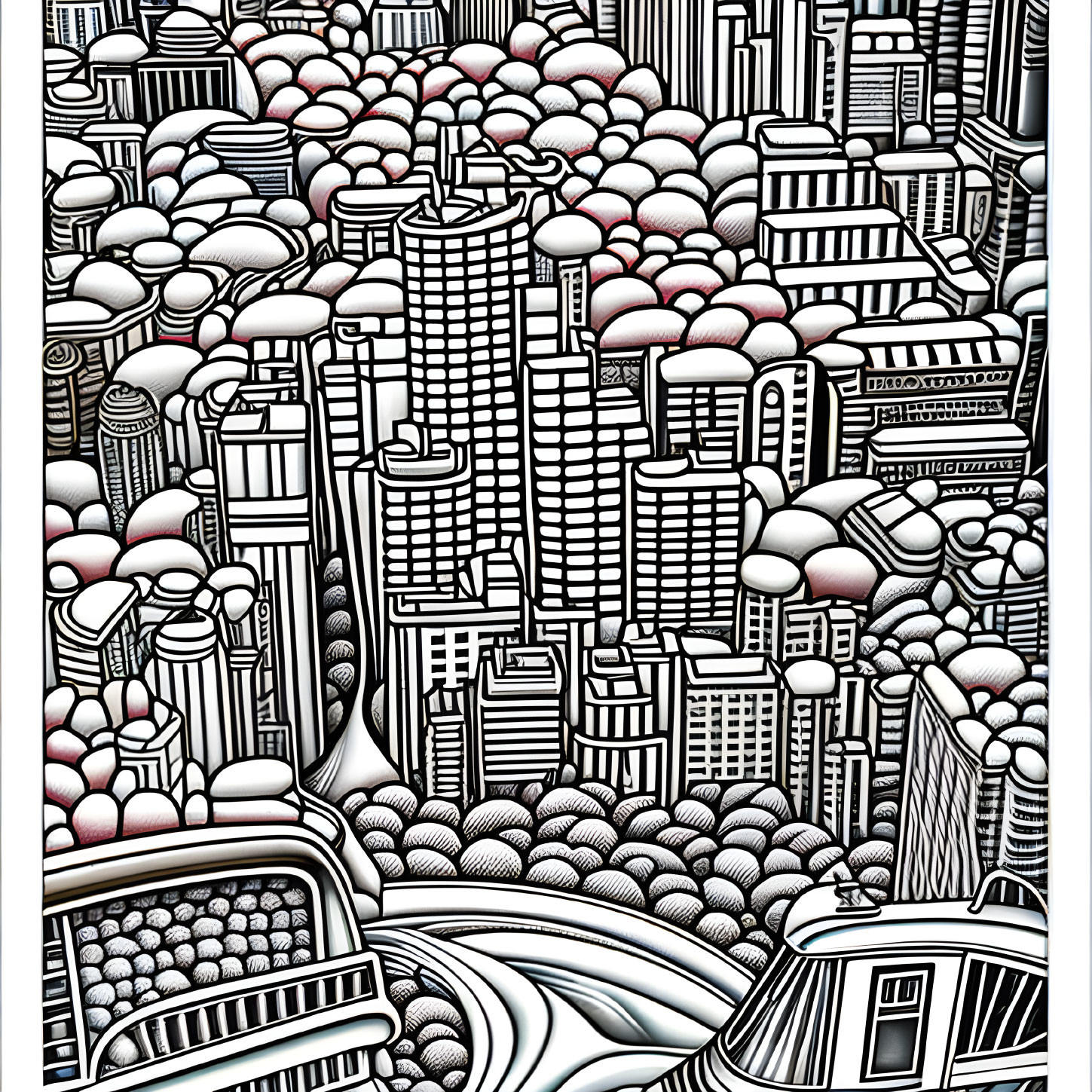 Monochrome line art of futuristic cityscape with varied buildings and spherical shapes